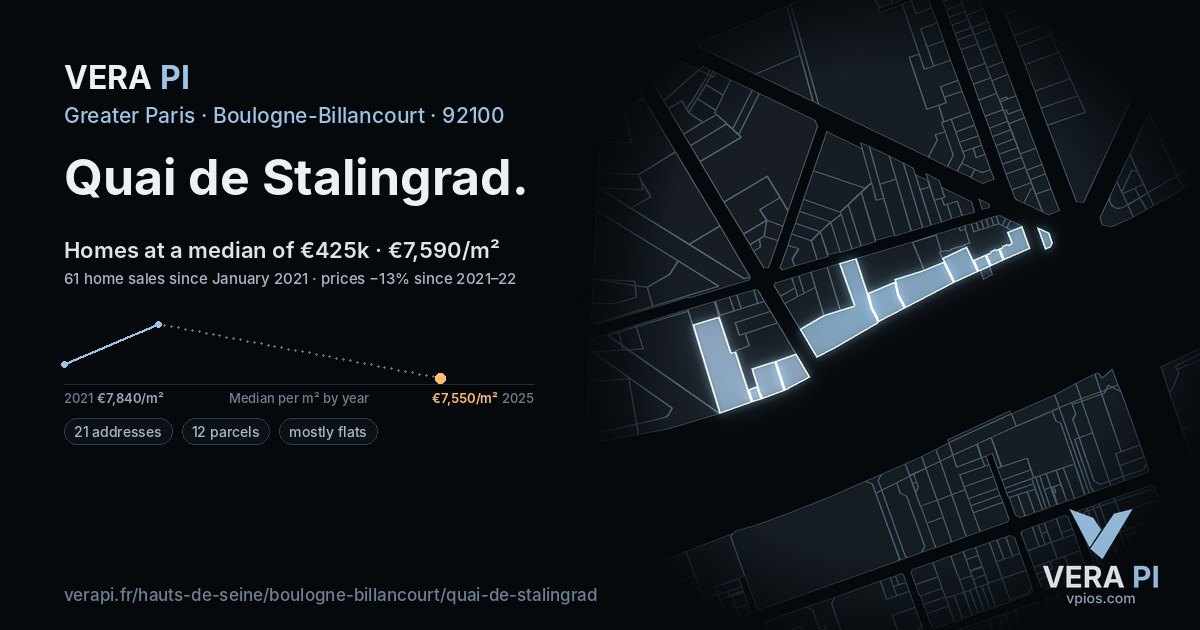Quai de Stalingrad, Boulogne-Billancourt at night – every parcel coloured by the prices around it, the street's own parcels lit