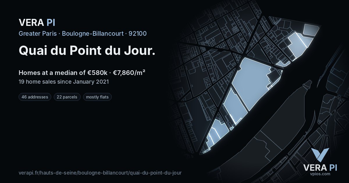 Quai du Point du Jour, Boulogne-Billancourt at night – every parcel coloured by the prices around it, the street's own parcels lit