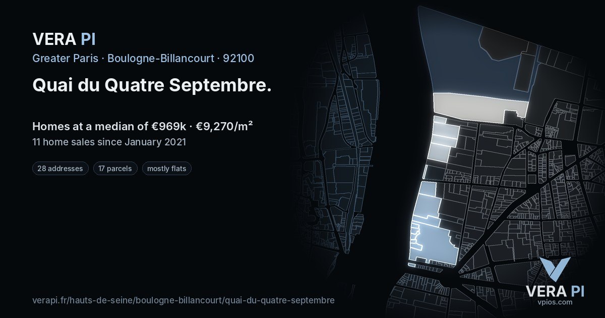 Quai du Quatre Septembre, Boulogne-Billancourt at night – every parcel coloured by the prices around it, the street's own parcels lit