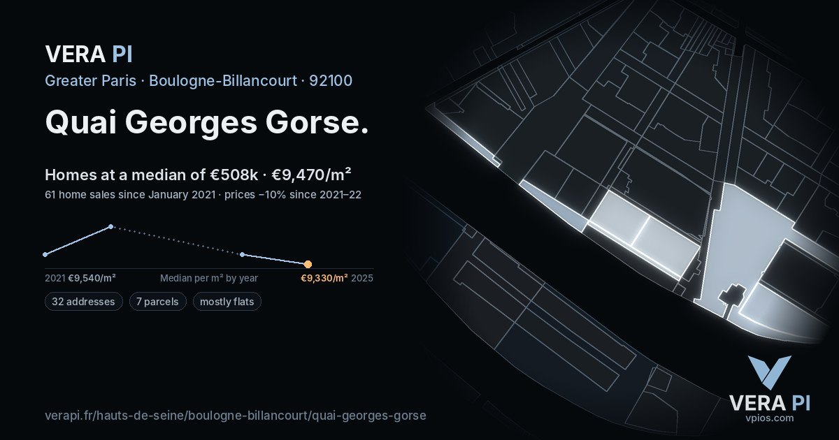 Quai Georges Gorse, Boulogne-Billancourt at night – every parcel coloured by the prices around it, the street's own parcels lit