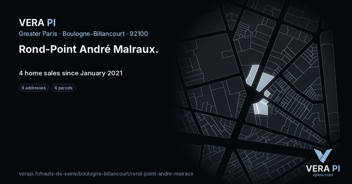 Rond-Point André Malraux, Boulogne-Billancourt at night – every parcel coloured by the prices around it, the street's own parcels lit