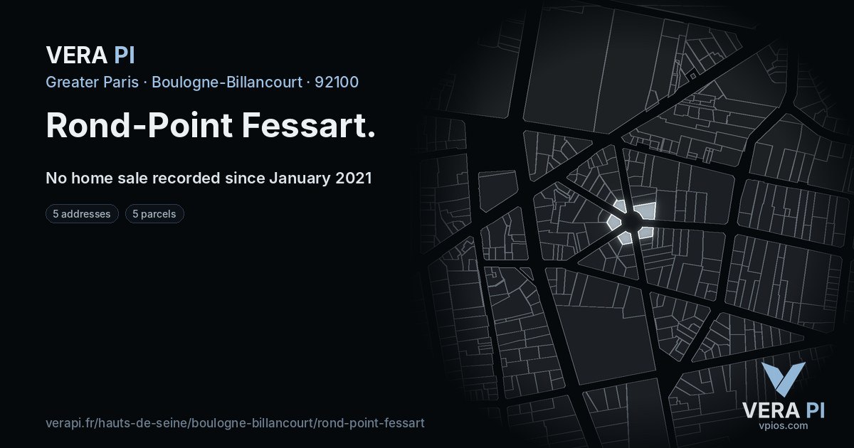 Rond-Point Fessart, Boulogne-Billancourt at night – every parcel coloured by the prices around it, the street's own parcels lit