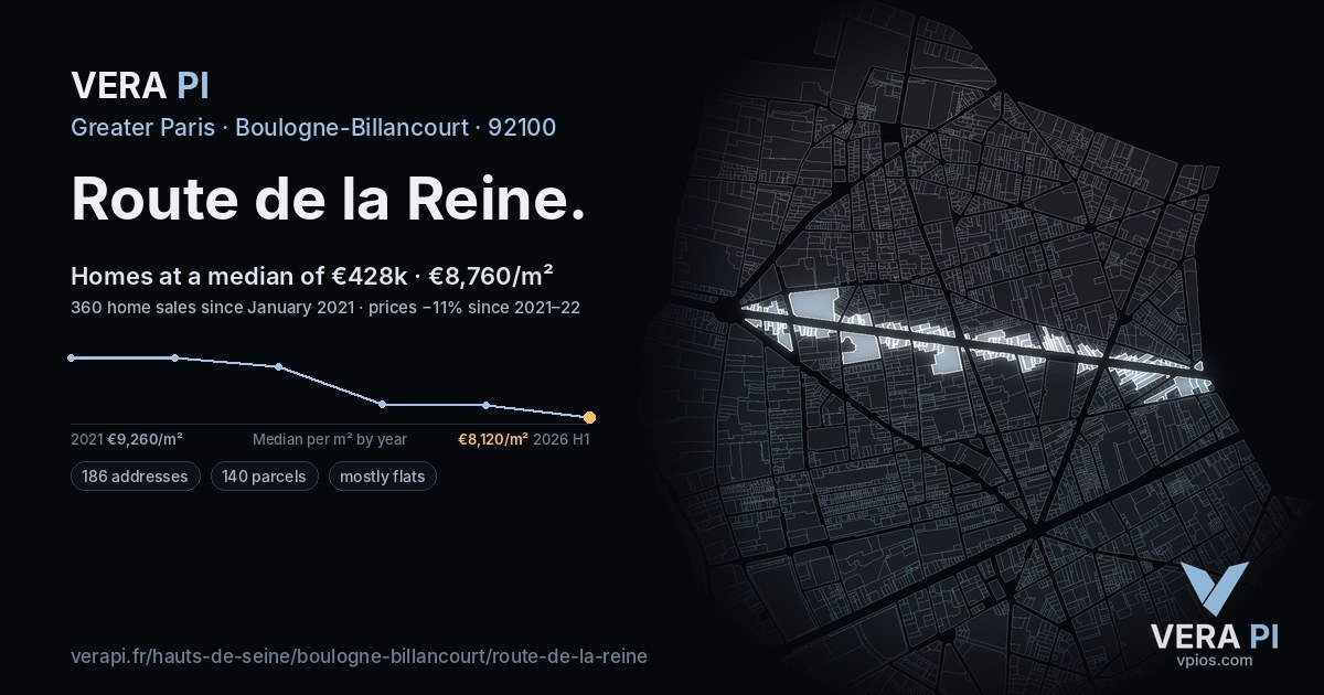Route de la Reine, Boulogne-Billancourt at night – every parcel coloured by the prices around it, the street's own parcels lit