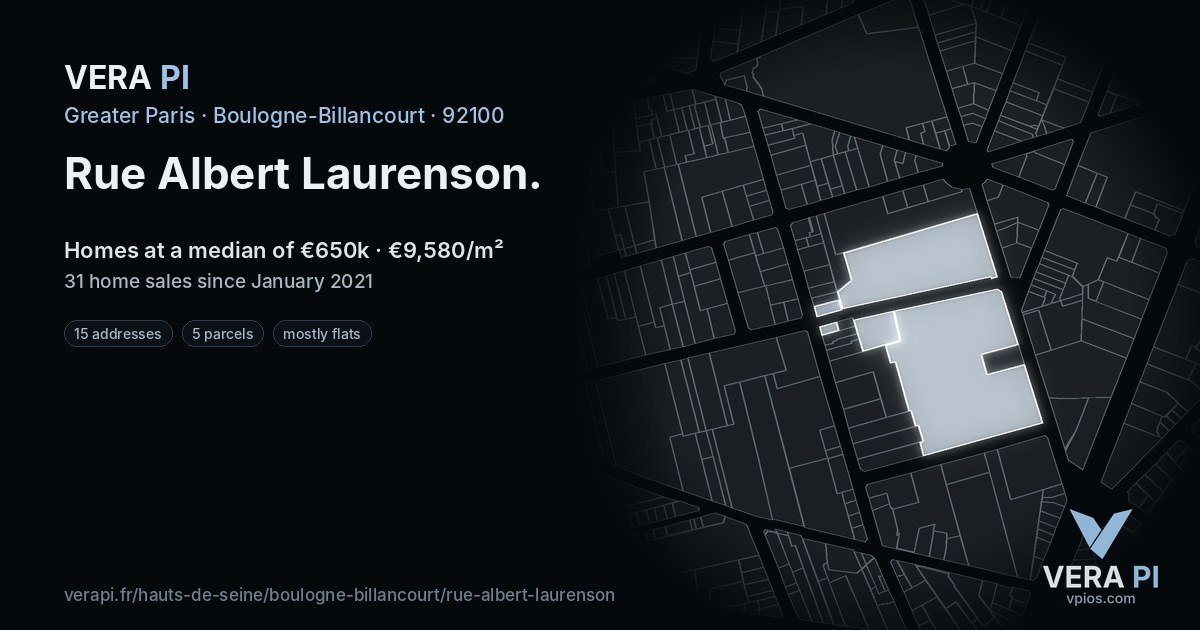 Rue Albert Laurenson, Boulogne-Billancourt at night – every parcel coloured by the prices around it, the street's own parcels lit