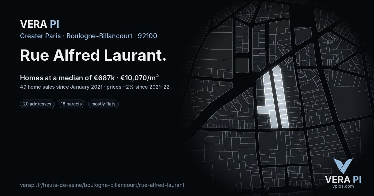 Rue Alfred Laurant, Boulogne-Billancourt at night – every parcel coloured by the prices around it, the street's own parcels lit