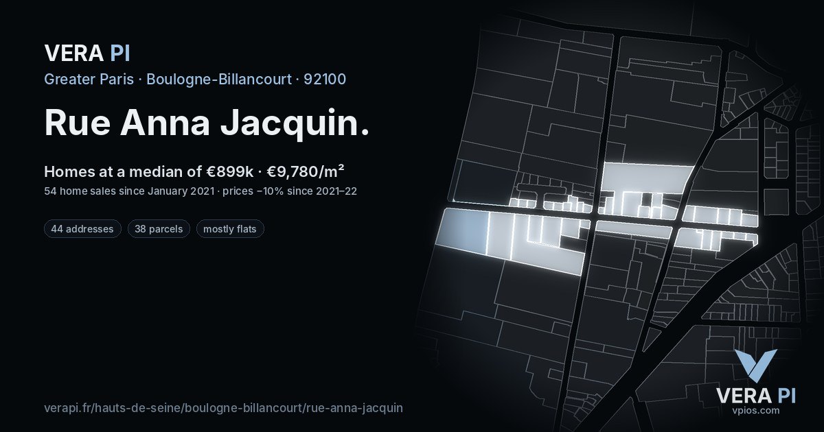 Rue Anna Jacquin, Boulogne-Billancourt at night – every parcel coloured by the prices around it, the street's own parcels lit