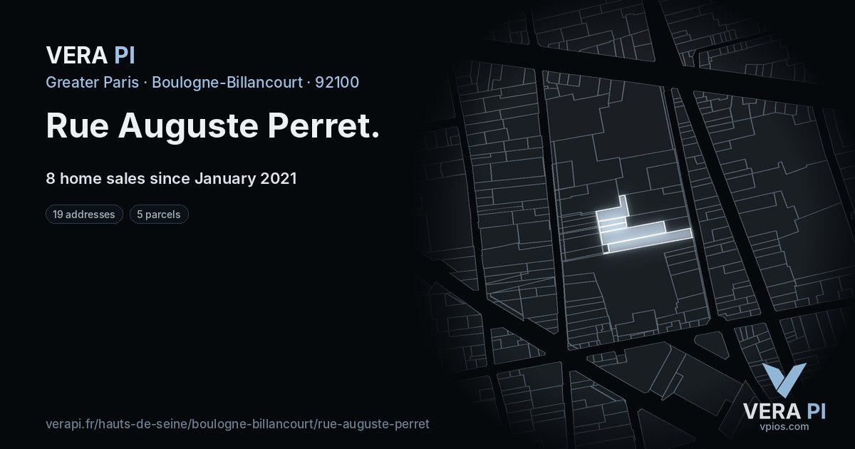 Rue Auguste Perret, Boulogne-Billancourt at night – every parcel coloured by the prices around it, the street's own parcels lit