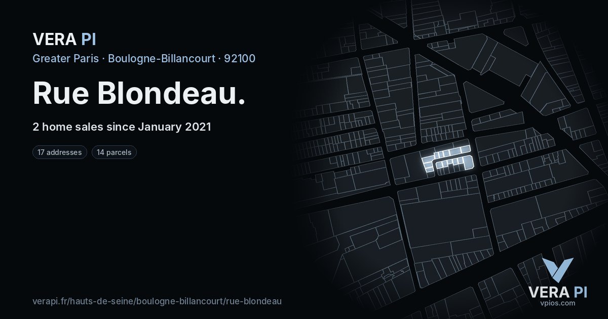 Rue Blondeau, Boulogne-Billancourt at night – every parcel coloured by the prices around it, the street's own parcels lit