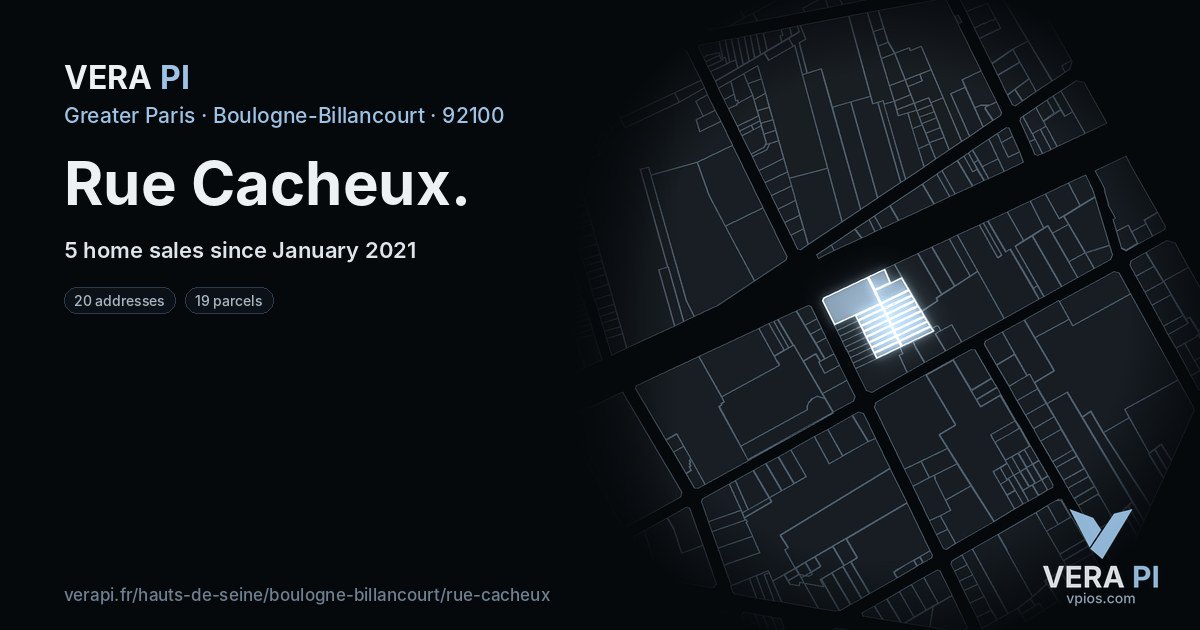 Rue Cacheux, Boulogne-Billancourt at night – every parcel coloured by the prices around it, the street's own parcels lit