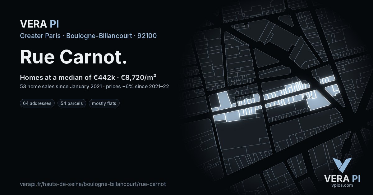 Rue Carnot, Boulogne-Billancourt at night – every parcel coloured by the prices around it, the street's own parcels lit