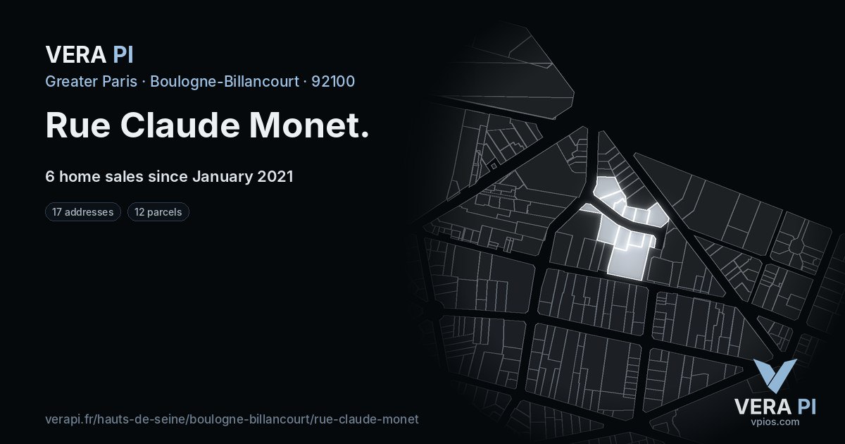 Rue Claude Monet, Boulogne-Billancourt at night – every parcel coloured by the prices around it, the street's own parcels lit