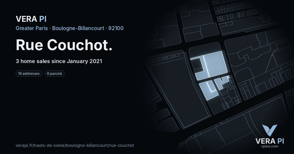 Rue Couchot, Boulogne-Billancourt at night – every parcel coloured by the prices around it, the street's own parcels lit