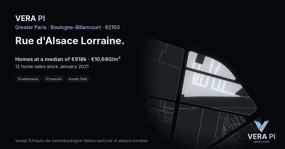 Rue d'Alsace Lorraine, Boulogne-Billancourt at night – every parcel coloured by the prices around it, the street's own parcels lit