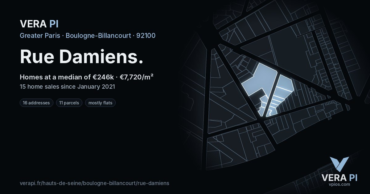 Rue Damiens, Boulogne-Billancourt at night – every parcel coloured by the prices around it, the street's own parcels lit