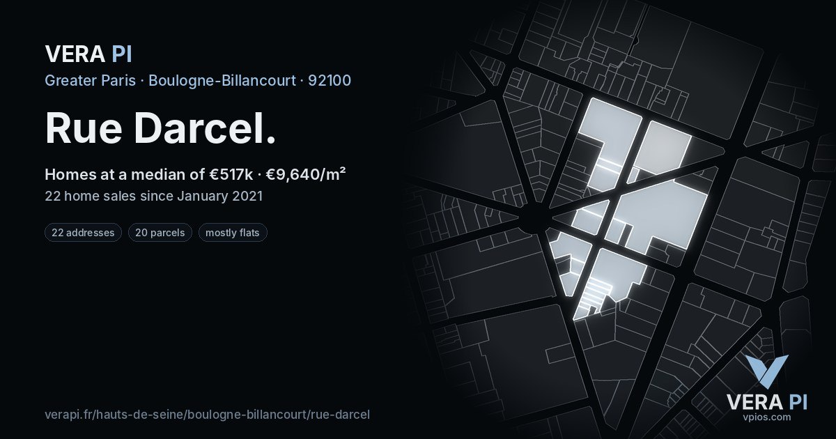 Rue Darcel, Boulogne-Billancourt at night – every parcel coloured by the prices around it, the street's own parcels lit