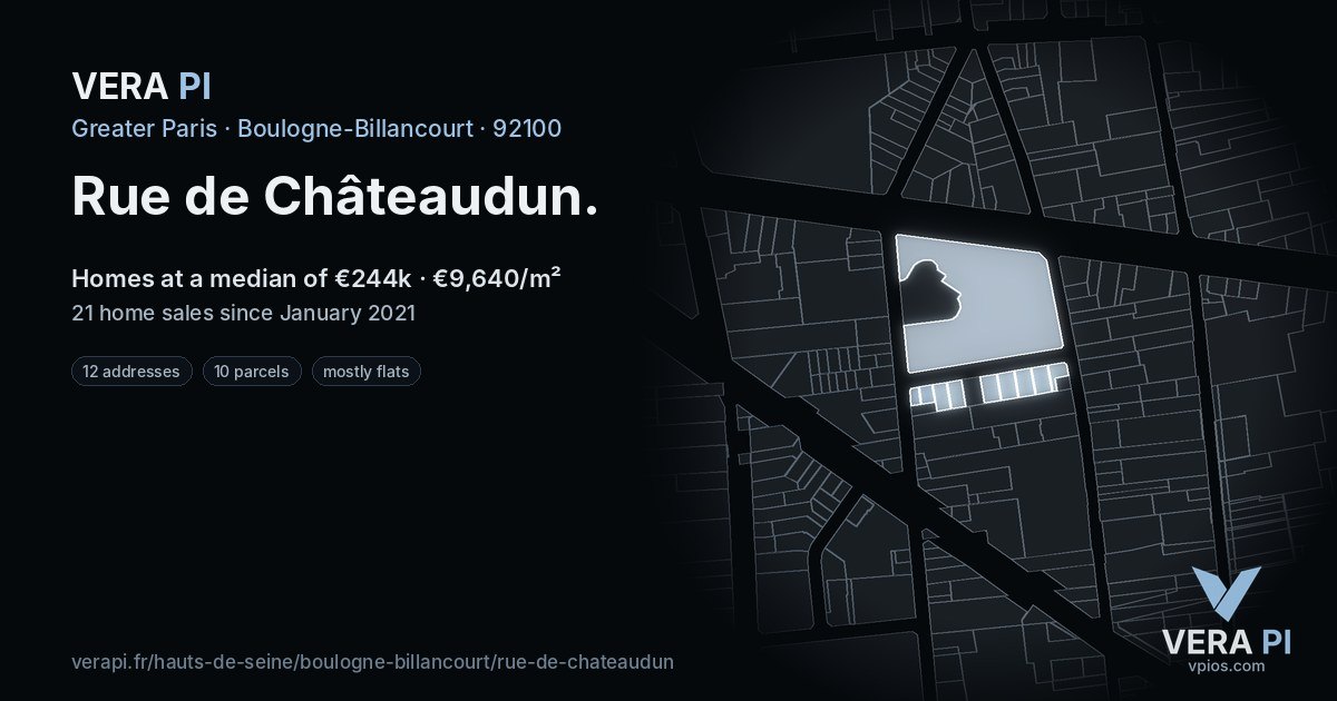 Rue de Châteaudun, Boulogne-Billancourt at night – every parcel coloured by the prices around it, the street's own parcels lit