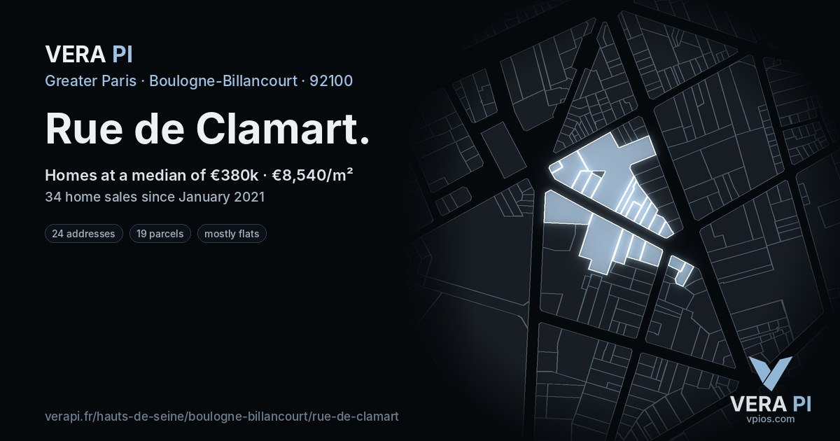 Rue de Clamart, Boulogne-Billancourt at night – every parcel coloured by the prices around it, the street's own parcels lit