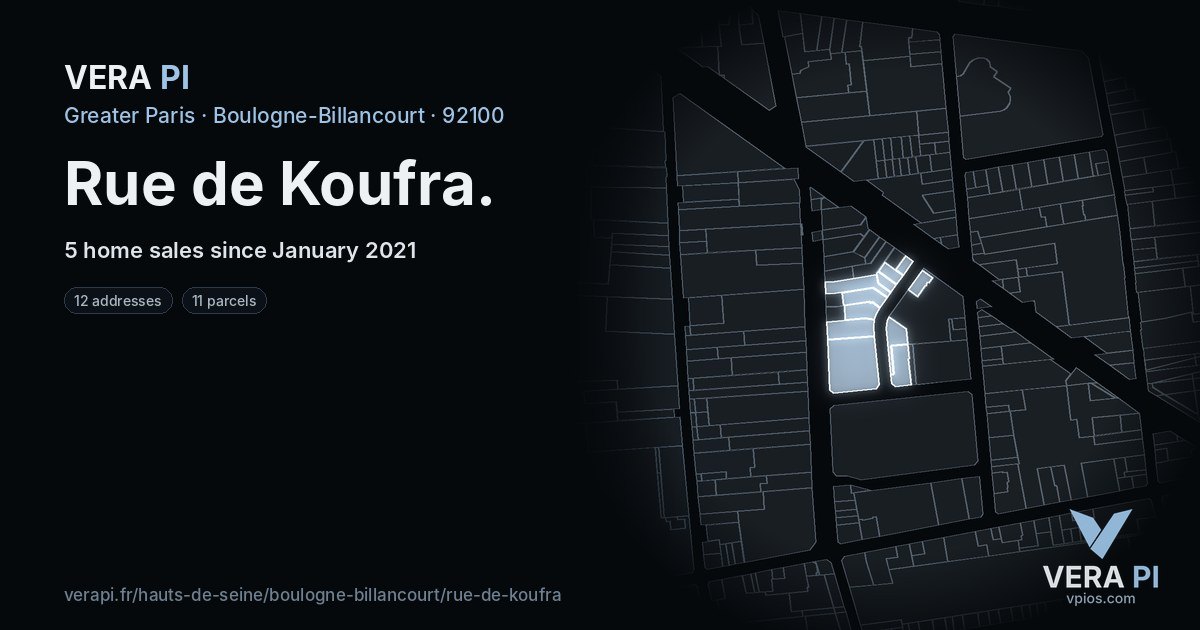 Rue de Koufra, Boulogne-Billancourt at night – every parcel coloured by the prices around it, the street's own parcels lit