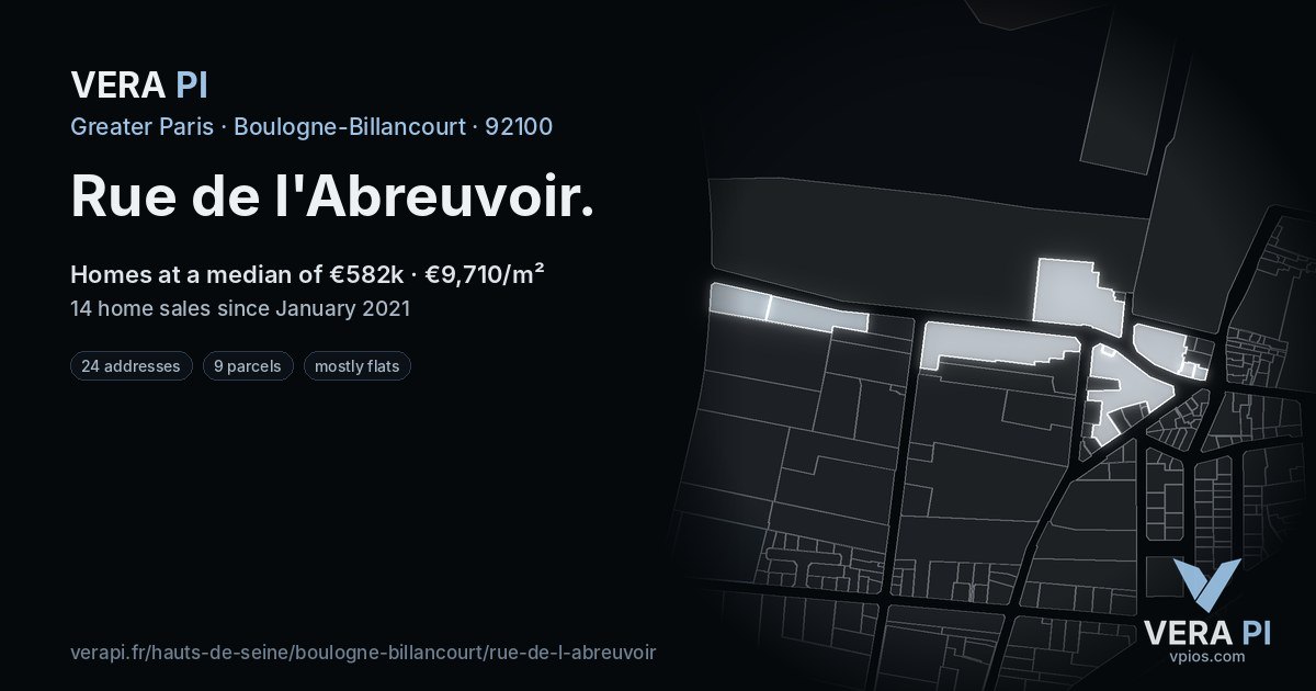 Rue de l'Abreuvoir, Boulogne-Billancourt at night – every parcel coloured by the prices around it, the street's own parcels lit