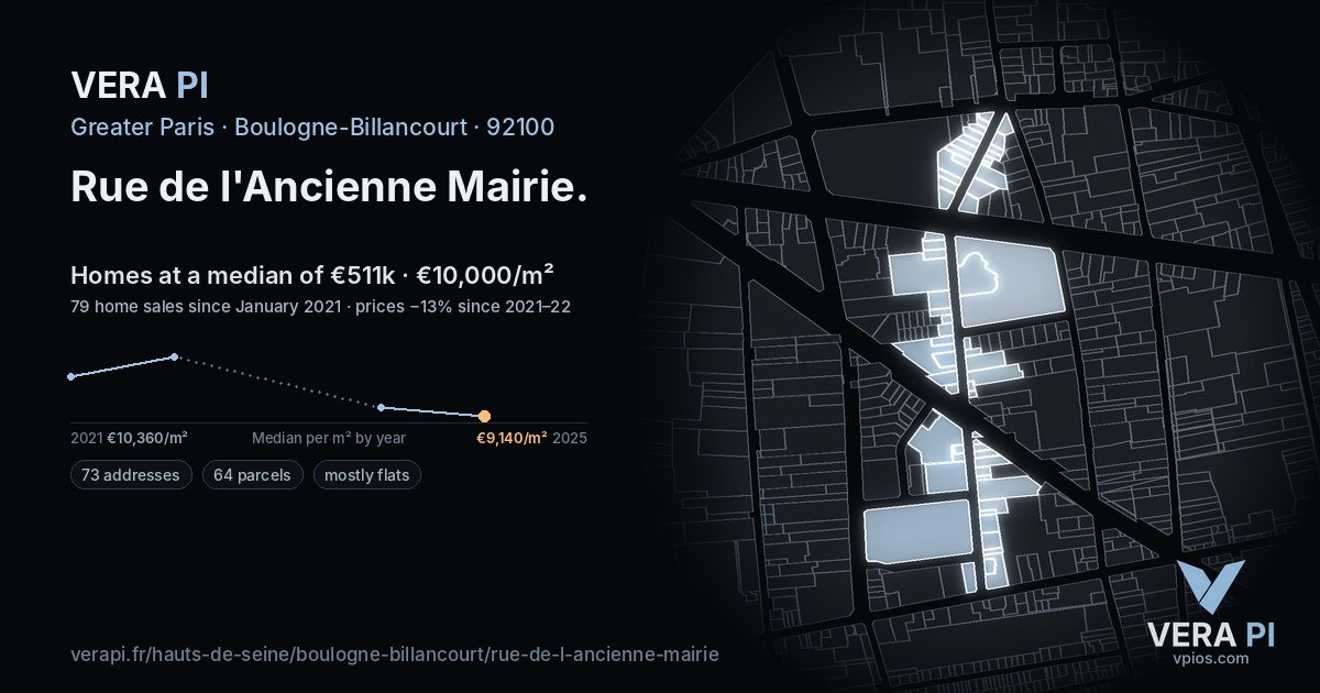 Rue de l'Ancienne Mairie, Boulogne-Billancourt at night – every parcel coloured by the prices around it, the street's own parcels lit
