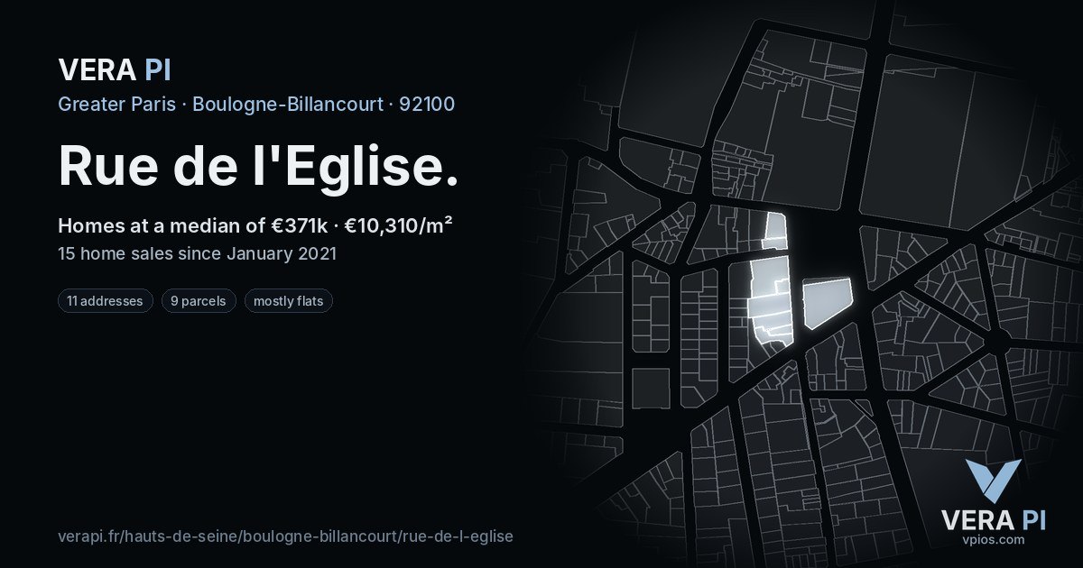 Rue de l'Eglise, Boulogne-Billancourt at night – every parcel coloured by the prices around it, the street's own parcels lit