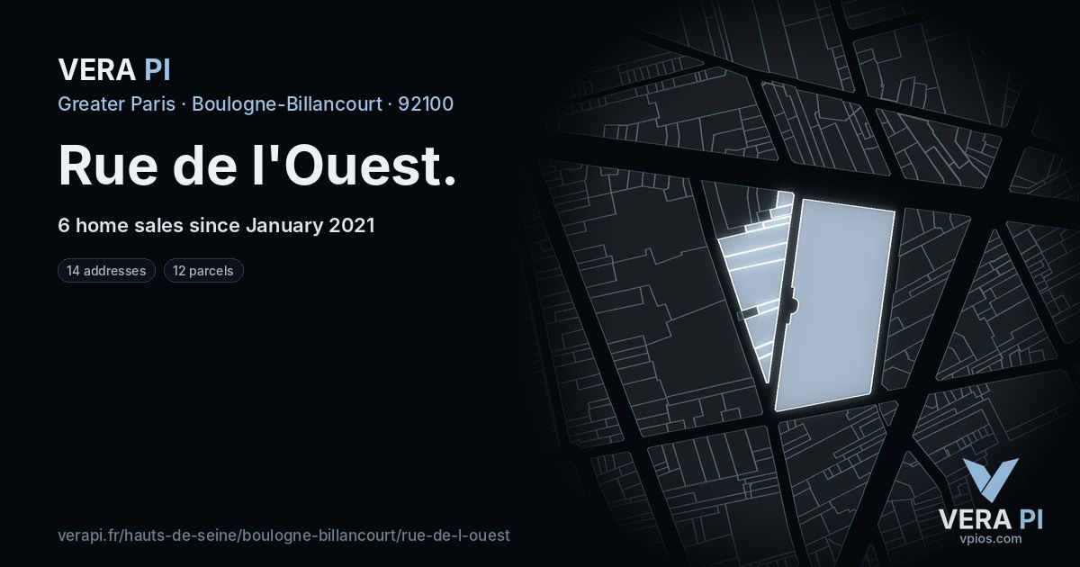 Rue de l'Ouest, Boulogne-Billancourt at night – every parcel coloured by the prices around it, the street's own parcels lit