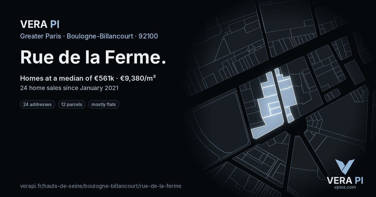 Rue de la Ferme, Boulogne-Billancourt at night – every parcel coloured by the prices around it, the street's own parcels lit