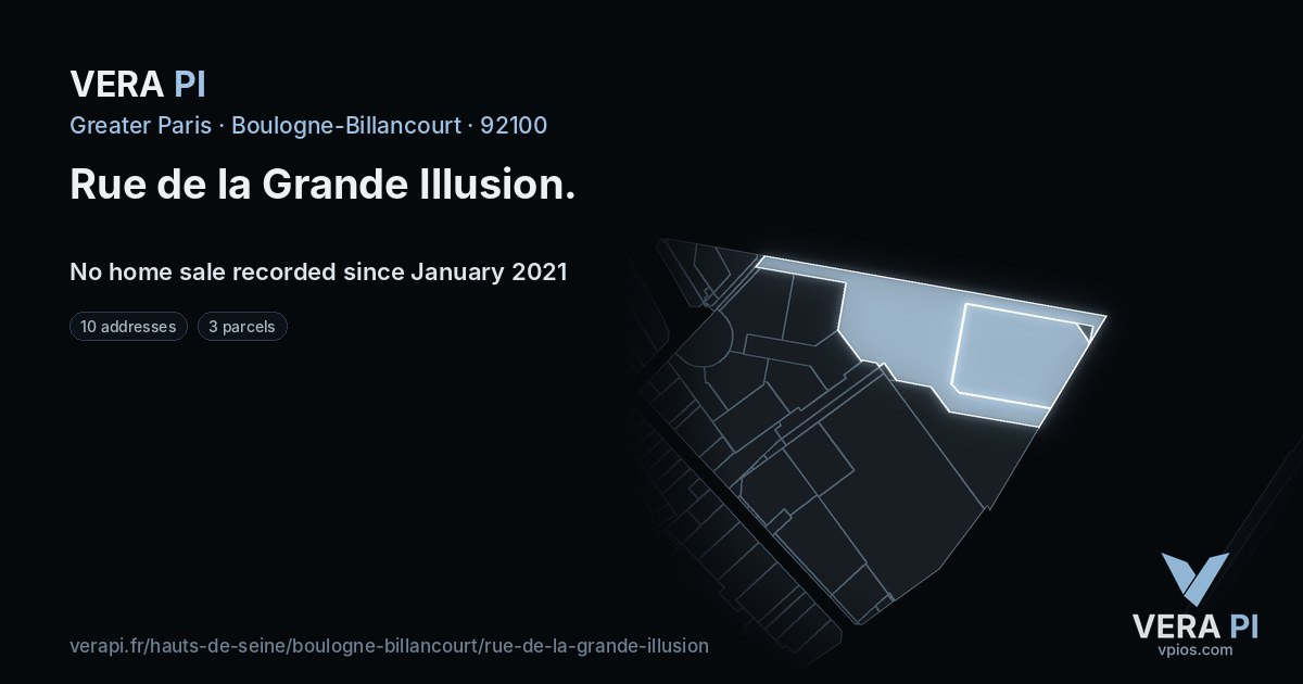 Rue de la Grande Illusion, Boulogne-Billancourt at night – every parcel coloured by the prices around it, the street's own parcels lit
