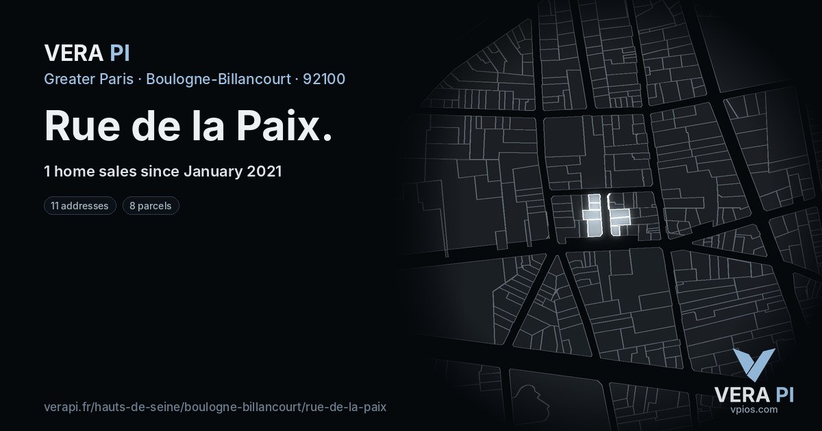 Rue de la Paix, Boulogne-Billancourt at night – every parcel coloured by the prices around it, the street's own parcels lit