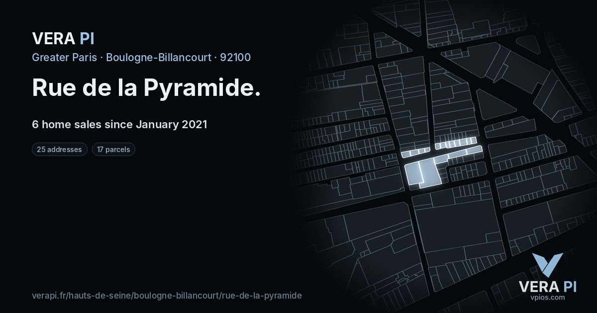 Rue de la Pyramide, Boulogne-Billancourt at night – every parcel coloured by the prices around it, the street's own parcels lit