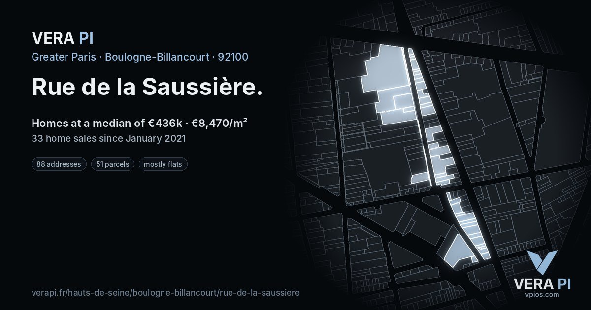 Rue de la Saussière, Boulogne-Billancourt at night – every parcel coloured by the prices around it, the street's own parcels lit
