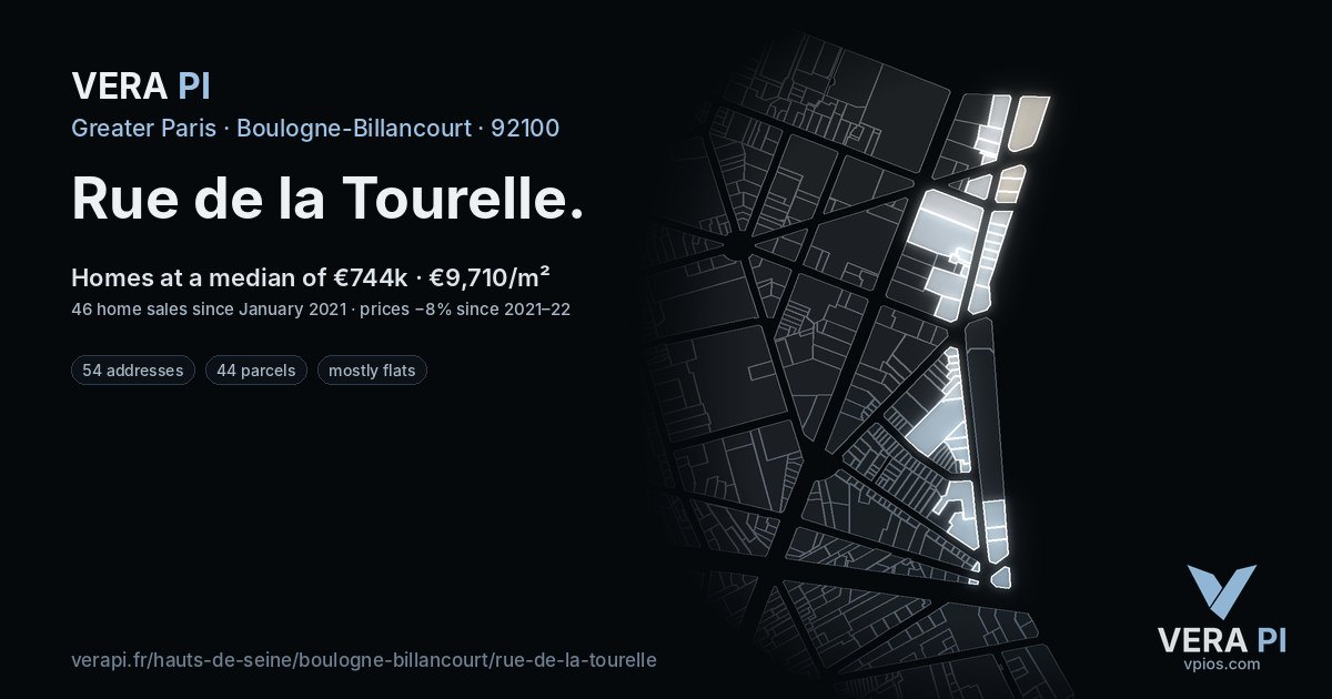 Rue de la Tourelle, Boulogne-Billancourt at night – every parcel coloured by the prices around it, the street's own parcels lit