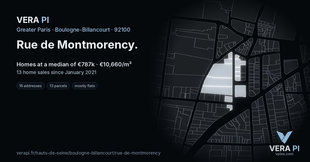 Rue de Montmorency, Boulogne-Billancourt at night – every parcel coloured by the prices around it, the street's own parcels lit