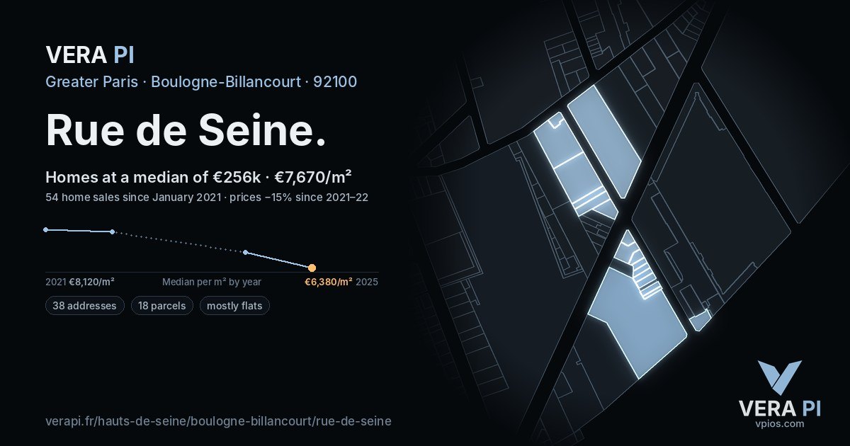 Rue de Seine, Boulogne-Billancourt at night – every parcel coloured by the prices around it, the street's own parcels lit