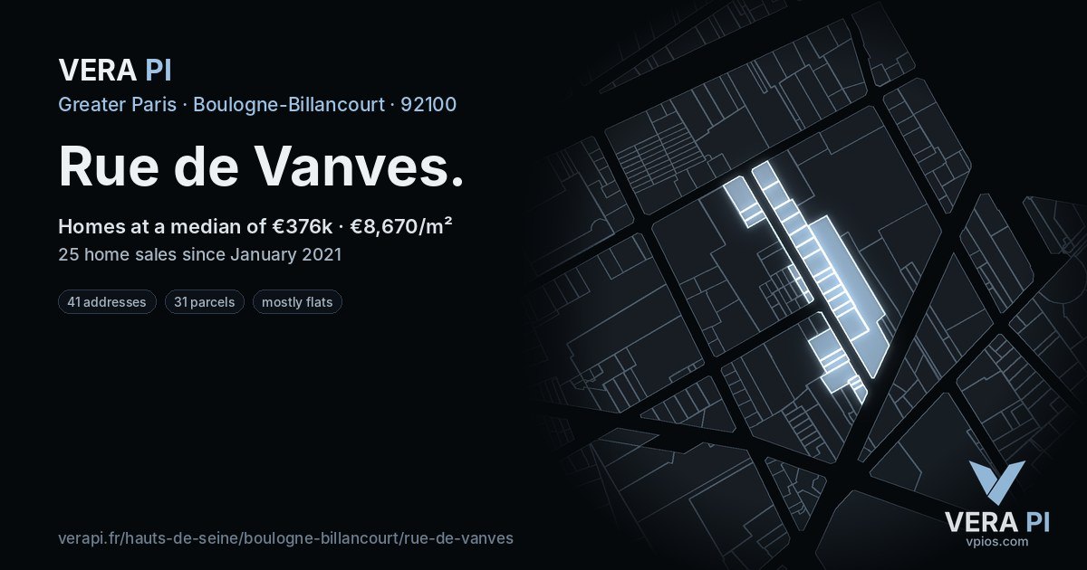 Rue de Vanves, Boulogne-Billancourt at night – every parcel coloured by the prices around it, the street's own parcels lit