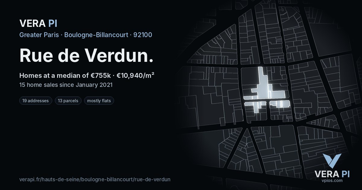 Rue de Verdun, Boulogne-Billancourt at night – every parcel coloured by the prices around it, the street's own parcels lit