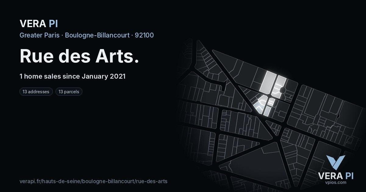 Rue des Arts, Boulogne-Billancourt at night – every parcel coloured by the prices around it, the street's own parcels lit