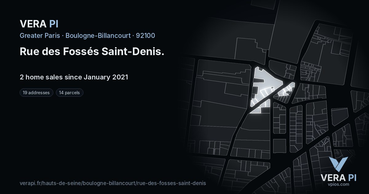 Rue des Fossés Saint-Denis, Boulogne-Billancourt at night – every parcel coloured by the prices around it, the street's own parcels lit