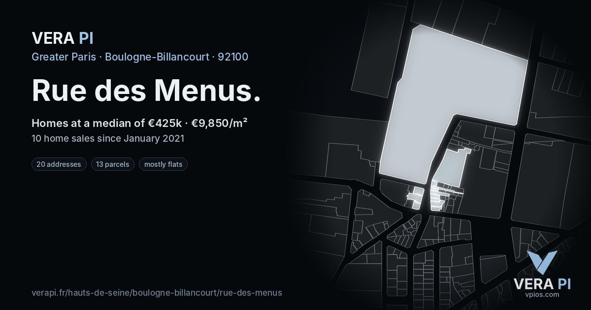 Rue des Menus, Boulogne-Billancourt at night – every parcel coloured by the prices around it, the street's own parcels lit