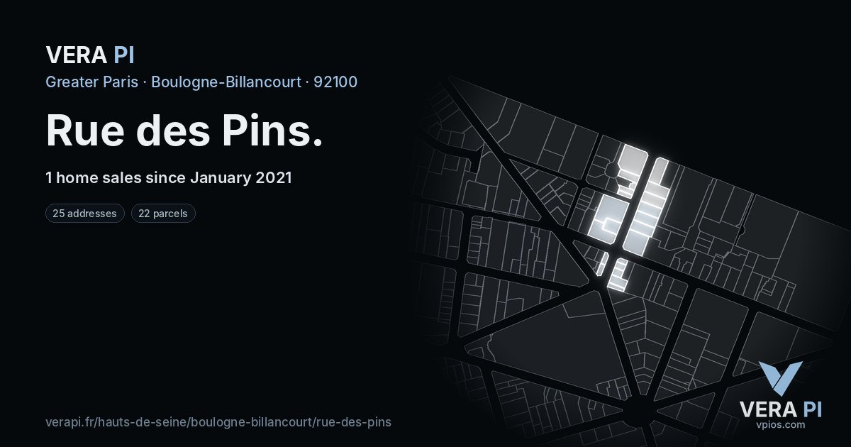 Rue des Pins, Boulogne-Billancourt at night – every parcel coloured by the prices around it, the street's own parcels lit