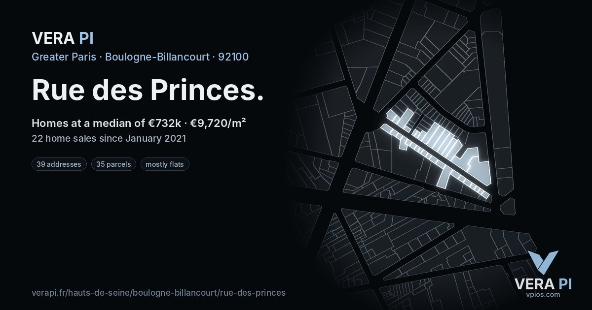Rue des Princes, Boulogne-Billancourt at night – every parcel coloured by the prices around it, the street's own parcels lit