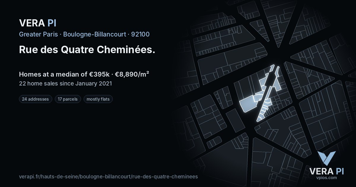 Rue des Quatre Cheminées, Boulogne-Billancourt at night – every parcel coloured by the prices around it, the street's own parcels lit