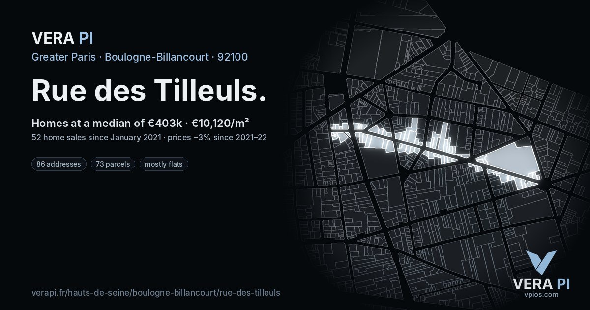Rue des Tilleuls, Boulogne-Billancourt at night – every parcel coloured by the prices around it, the street's own parcels lit