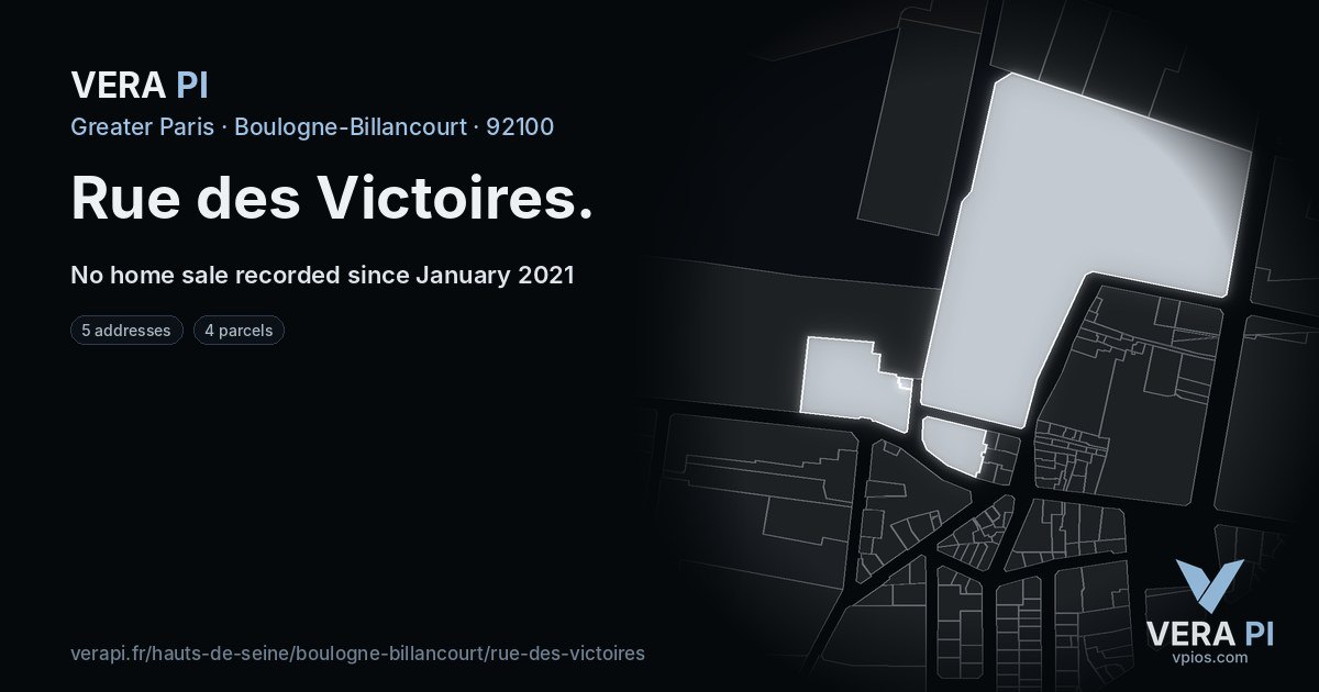 Rue des Victoires, Boulogne-Billancourt at night – every parcel coloured by the prices around it, the street's own parcels lit