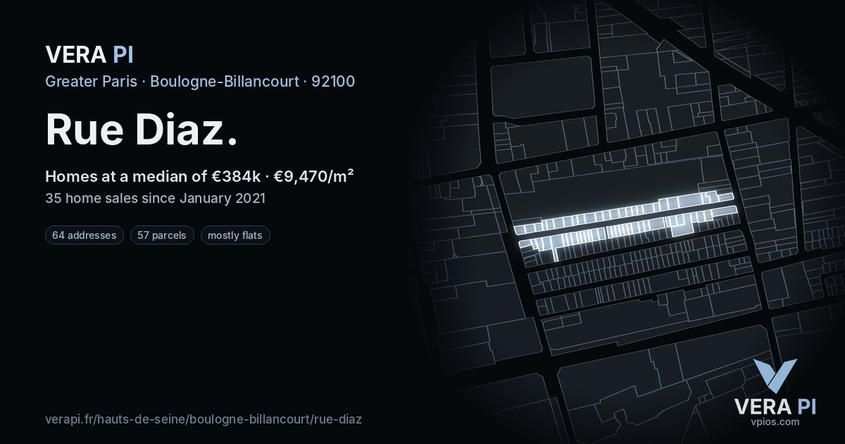Rue Diaz, Boulogne-Billancourt at night – every parcel coloured by the prices around it, the street's own parcels lit