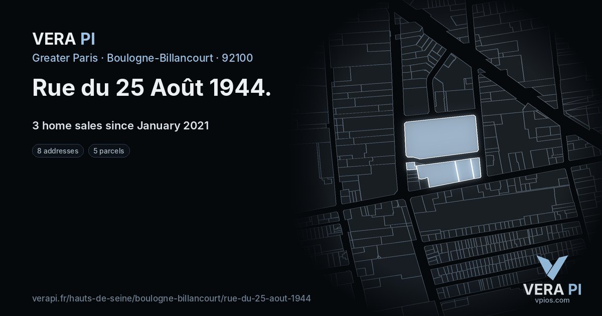 Rue du 25 Août 1944, Boulogne-Billancourt at night – every parcel coloured by the prices around it, the street's own parcels lit