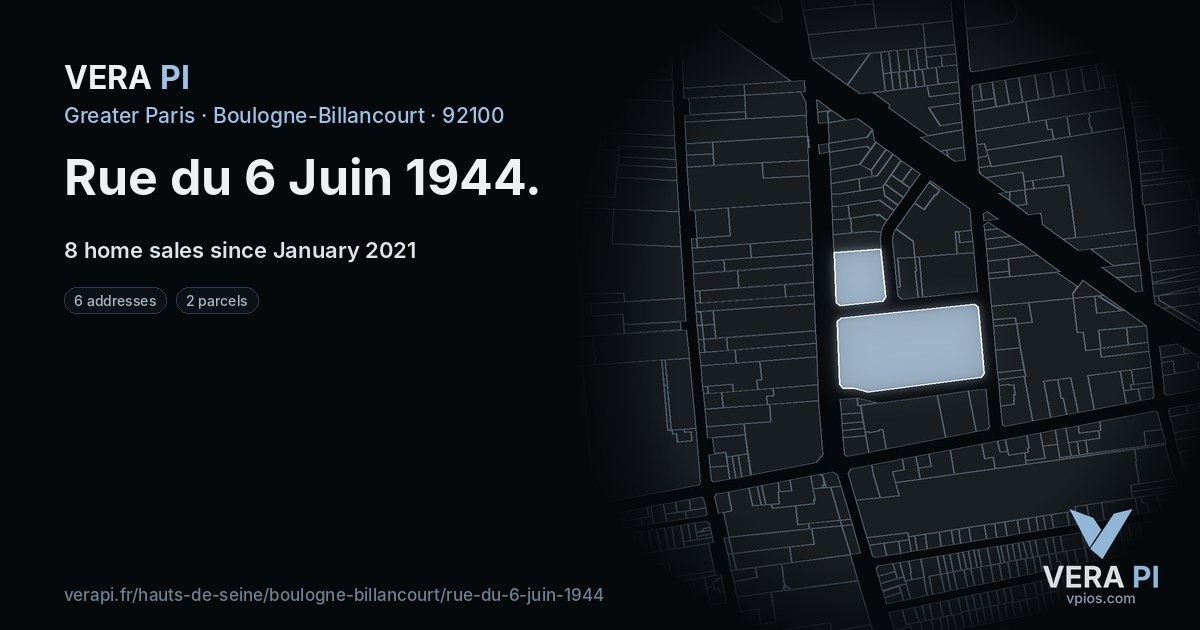 Rue du 6 Juin 1944, Boulogne-Billancourt at night – every parcel coloured by the prices around it, the street's own parcels lit
