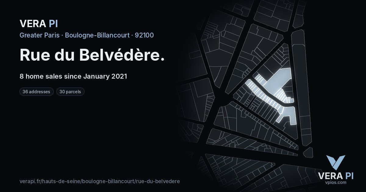 Rue du Belvédère, Boulogne-Billancourt at night – every parcel coloured by the prices around it, the street's own parcels lit