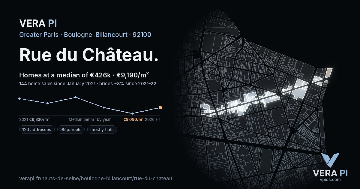 Rue du Château, Boulogne-Billancourt at night – every parcel coloured by the prices around it, the street's own parcels lit