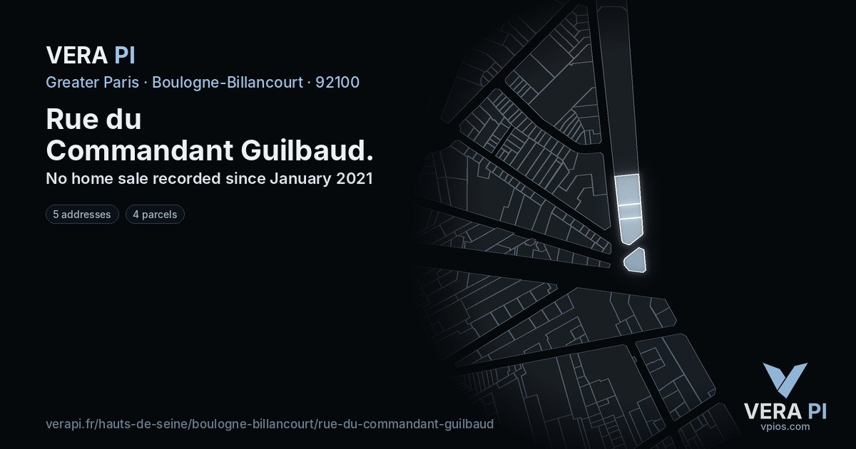 Rue du Commandant Guilbaud, Boulogne-Billancourt at night – every parcel coloured by the prices around it, the street's own parcels lit
